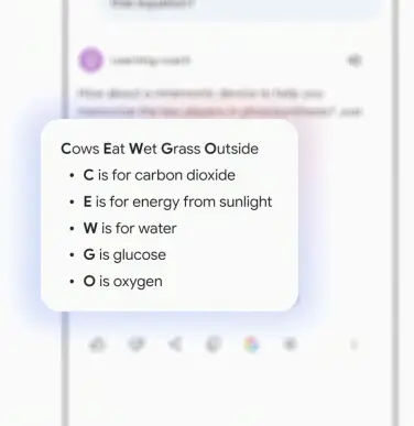 LearnLM fournit l'acronyme « Les vaches mangent de l'herbe mouillée à l'extérieur » où C représente le dioxyde de carbone, E représente l'énergie solaire, W représente l'eau, G représente le glucose et O représente l'oxygène.