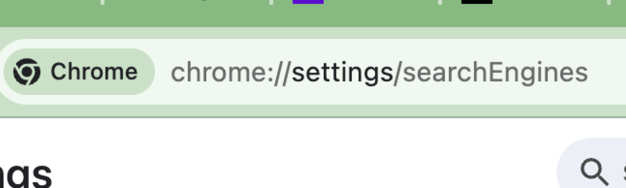 Capture d'écran de "chrome://settings/searchEngines" dans la barre d'URL
