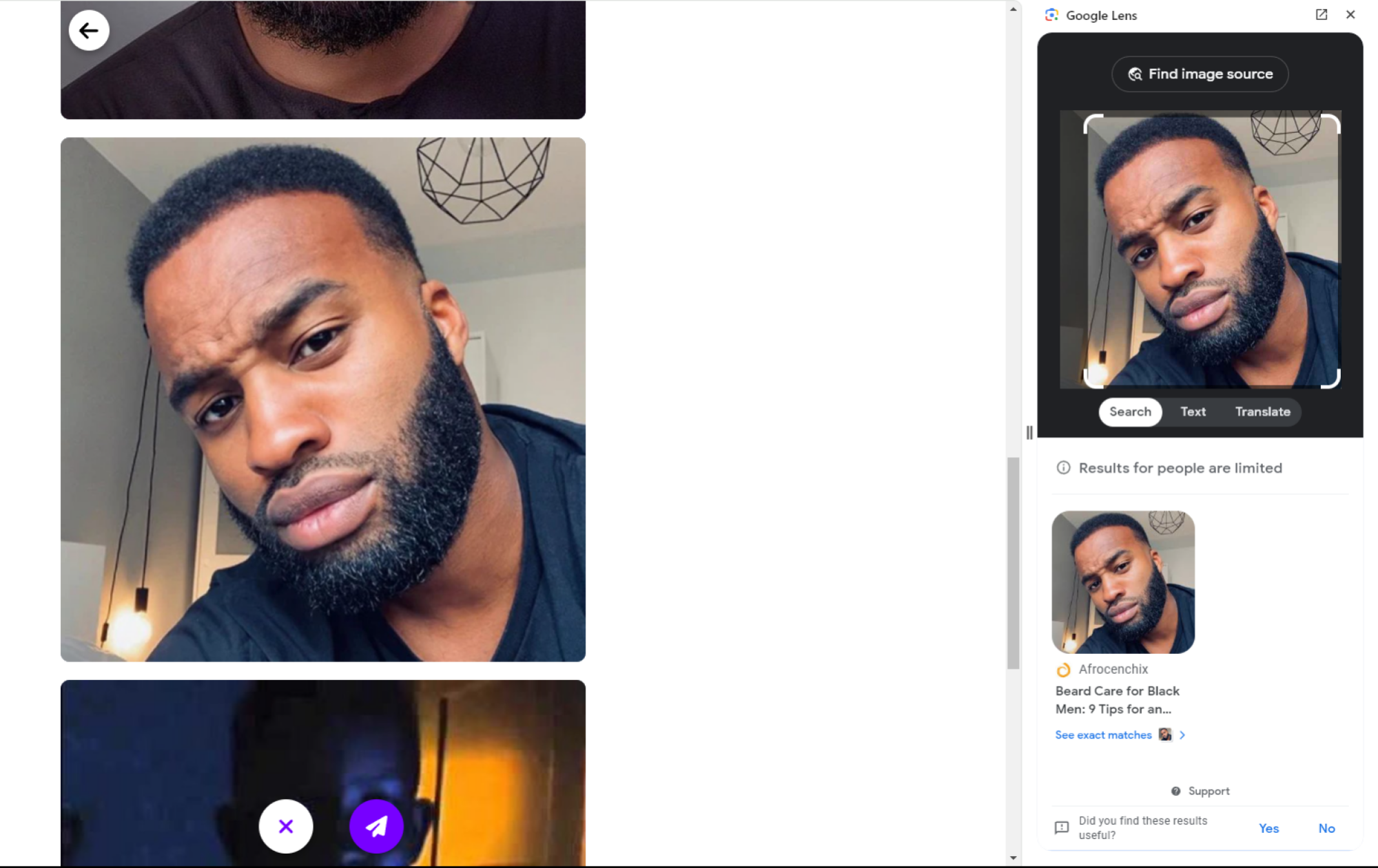 Profil utilisateur avec photos - Un profil utilisateur sur Duolicious montrant plusieurs photos d'un homme barbu, avec la possibilité de trouver la source de l'image à l'aide de Google Lens sur le côté droit de l'écran.