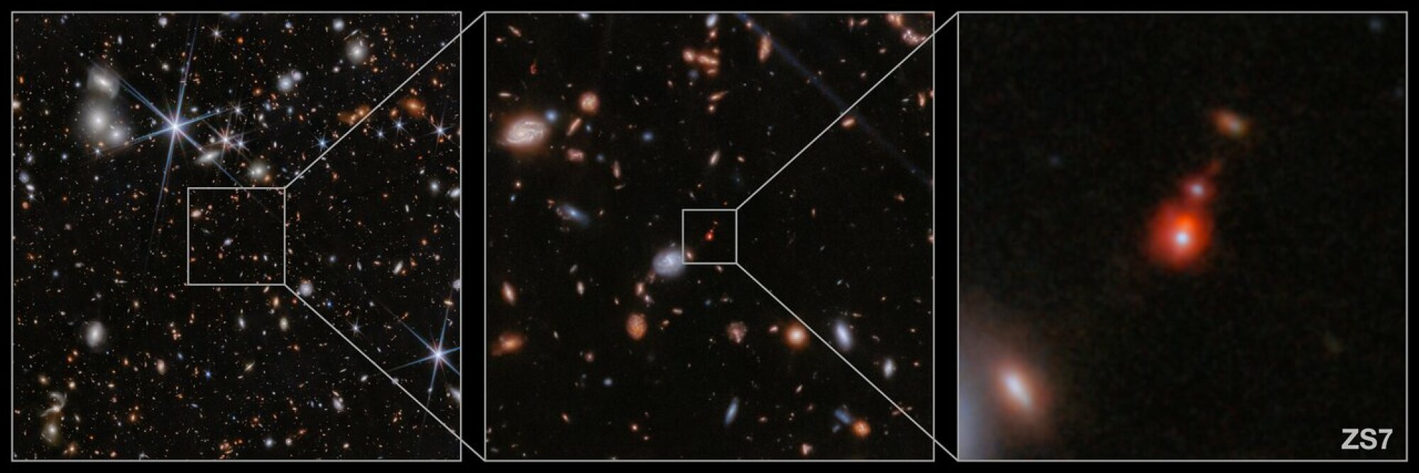 Sur l'image de droite, les deux zones rougeâtres au centre montrent l'ancienne fusion de deux galaxies.