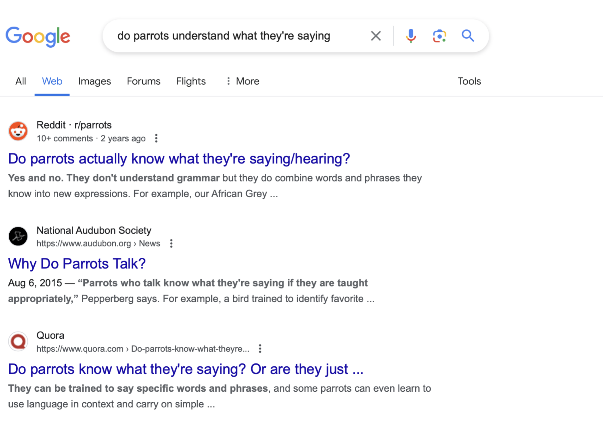 Le meilleur résultat pour "les perroquets comprennent-ils ce qu'ils disent" cette recherche sans IA amène l'utilisateur à une discussion Reddit.