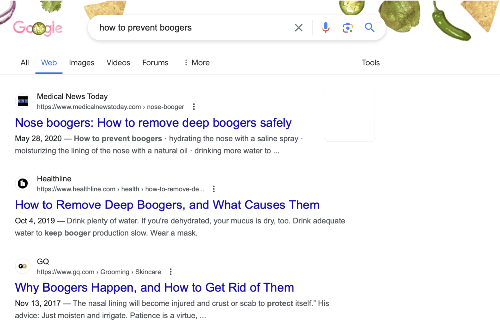 La page de liens pour la recherche Google « comment prévenir les crottes de nez » avec le premier résultat étant l'article « Que savoir sur les crottes de nez et leur élimination » sur un site Web appelé « Medical News Today ». 