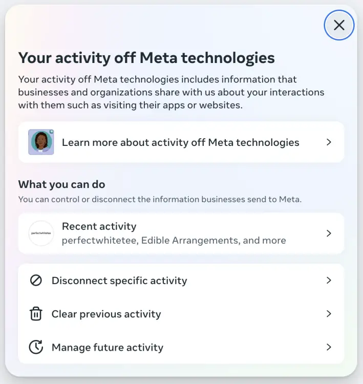 capture d'écran de l'activité des paramètres méta avec des options pour déconnecter, effacer et gérer les futurs paramètres des informations partagées avec Meta