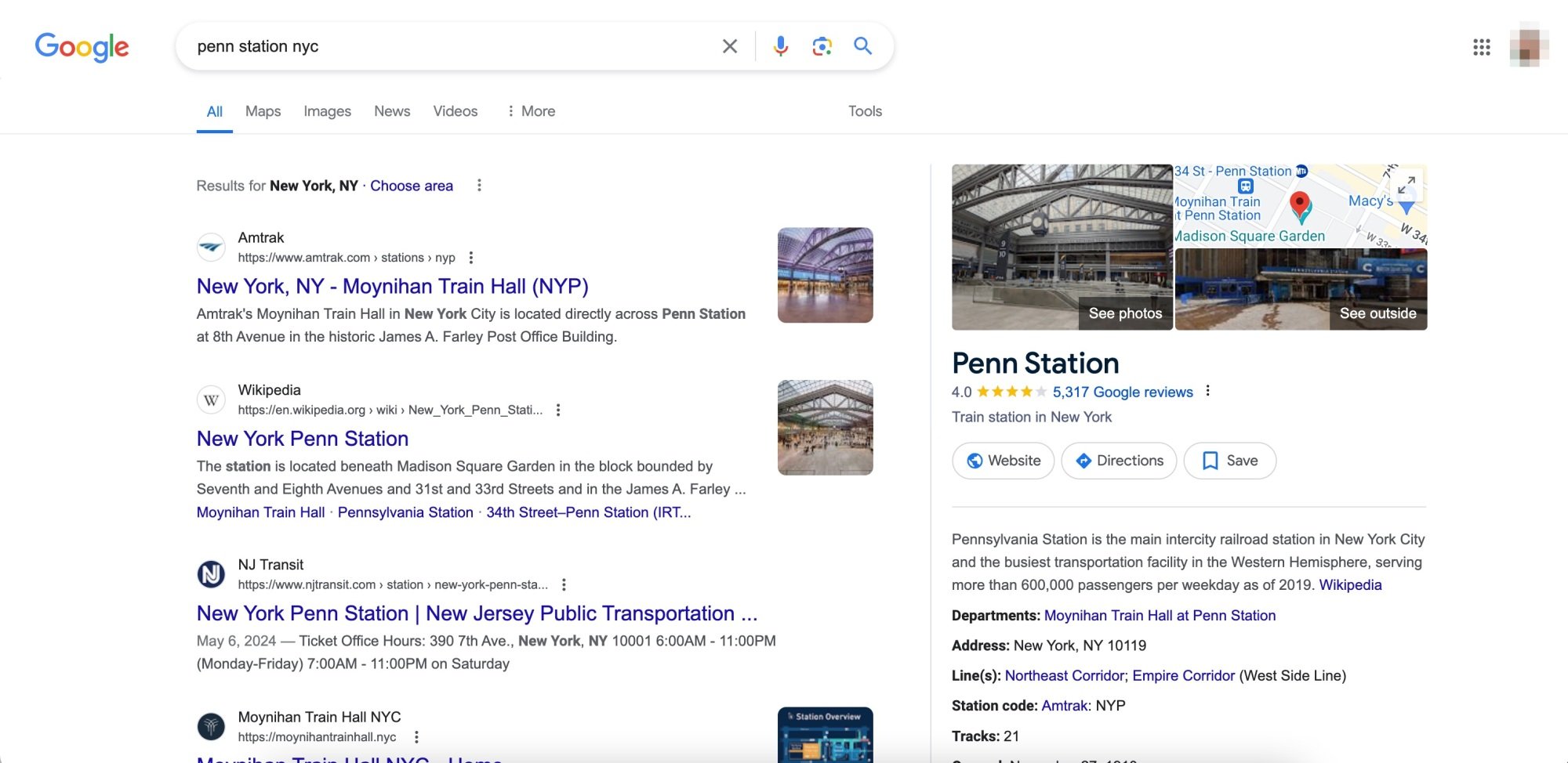 Résultats de recherche Google pour Penn Station NYC