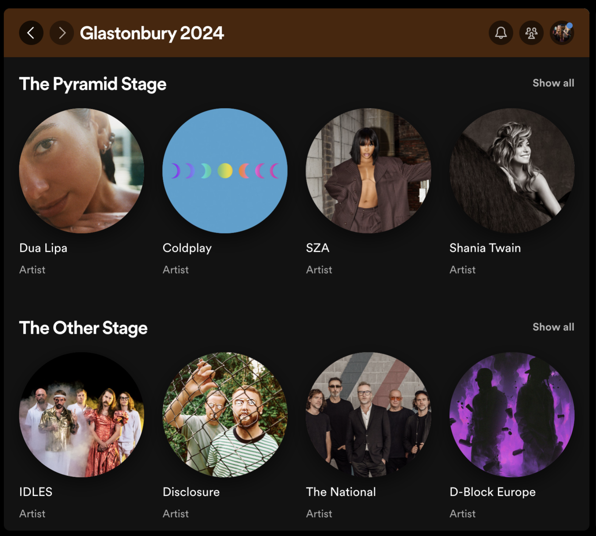 Une capture d'écran du hub Glastonbury 2024 de Spotify. 