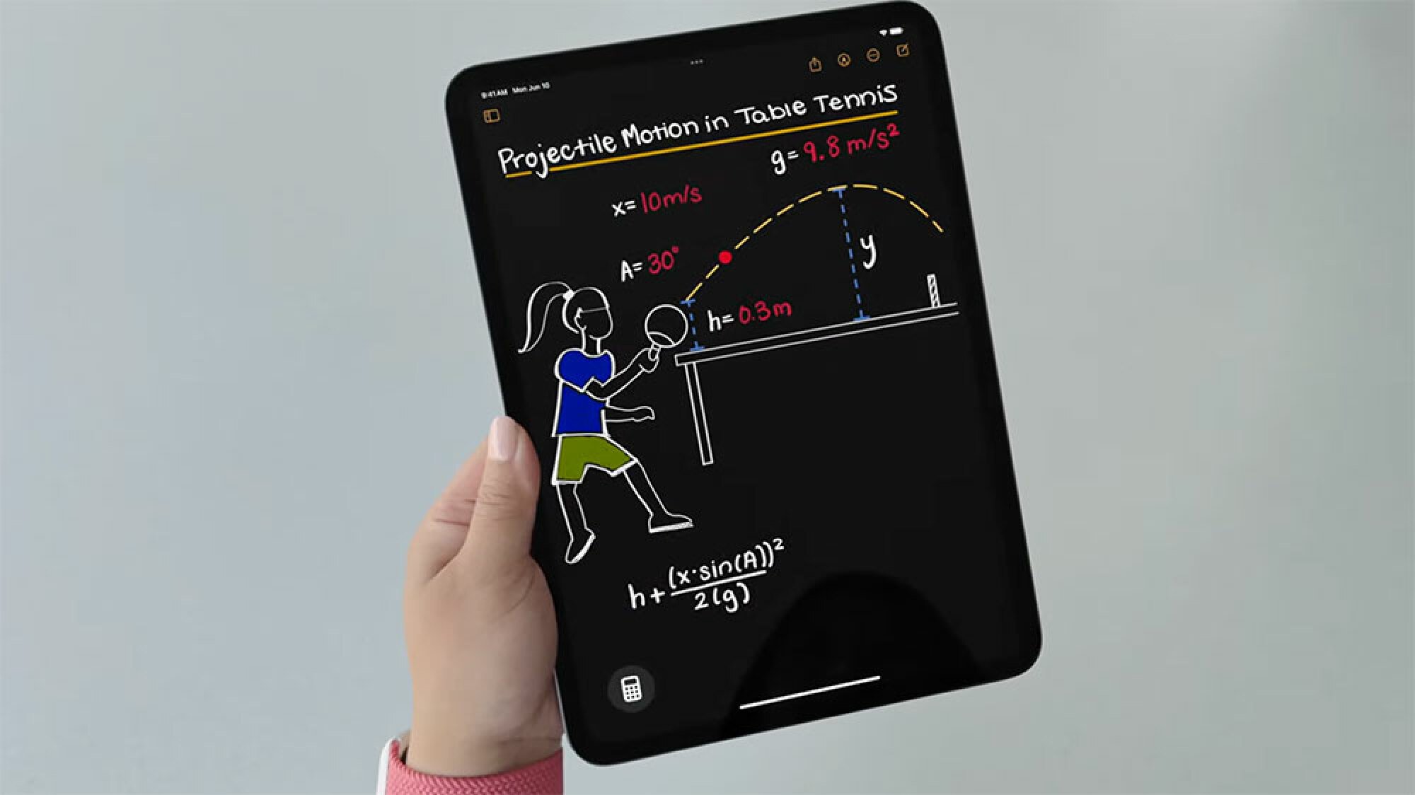 Image d'un iPad montrant une interface de type tableau noir sur laquelle sont écrits des problèmes mathématiques.