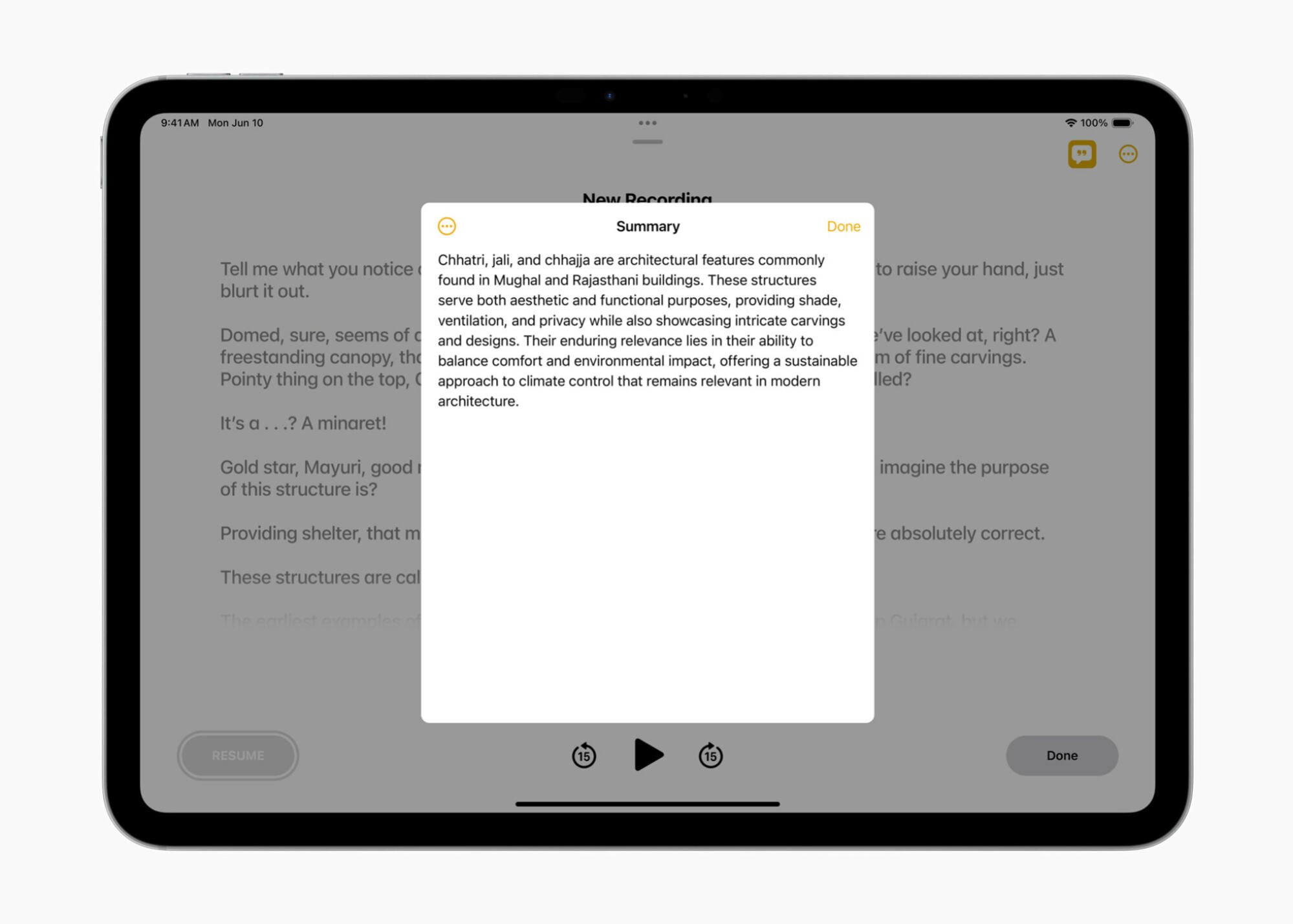 Transcription audio sur écran iPad