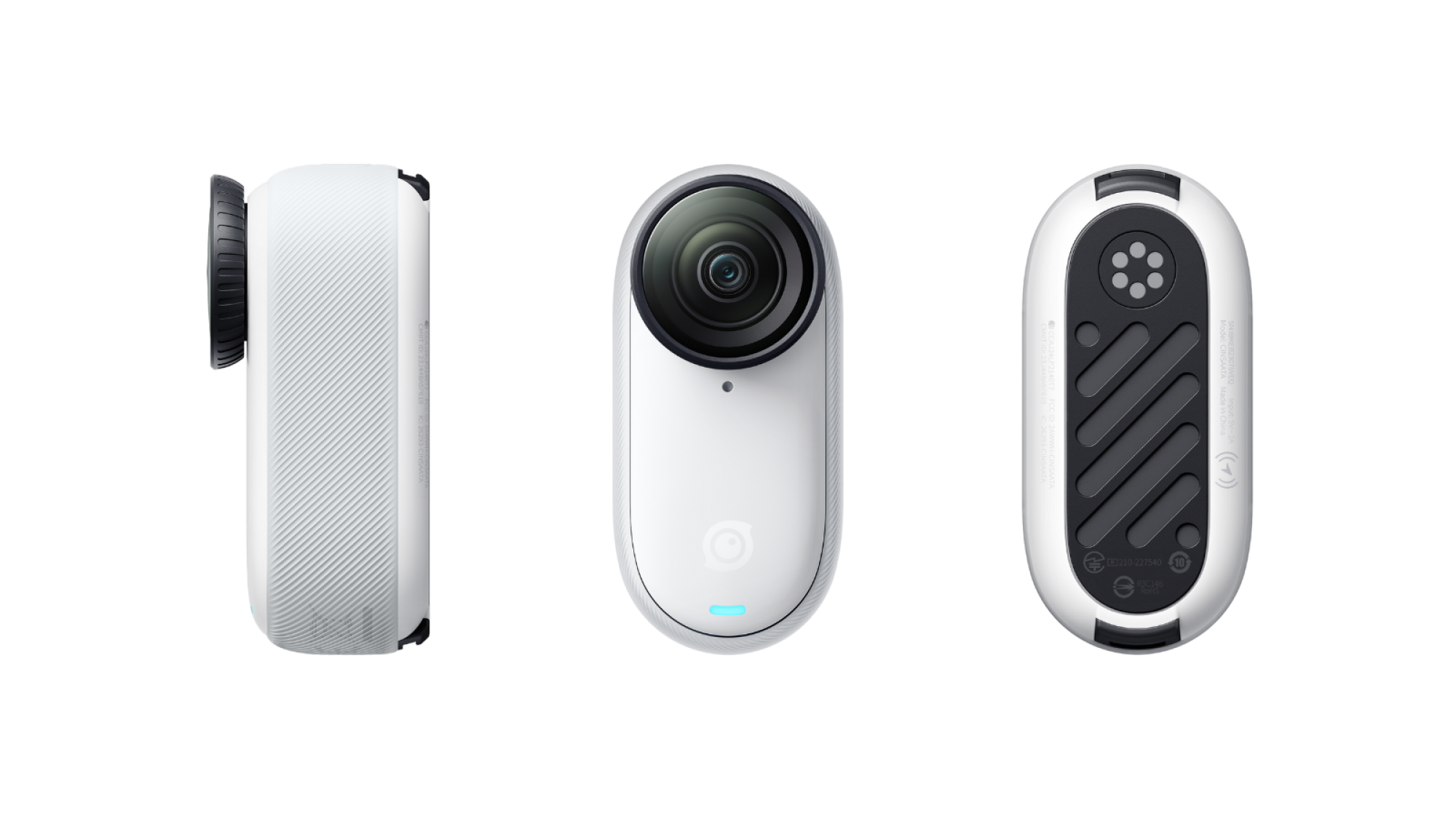 Trois images du GO 3S d'Insta360, le montrant de côté, de face et de dos.