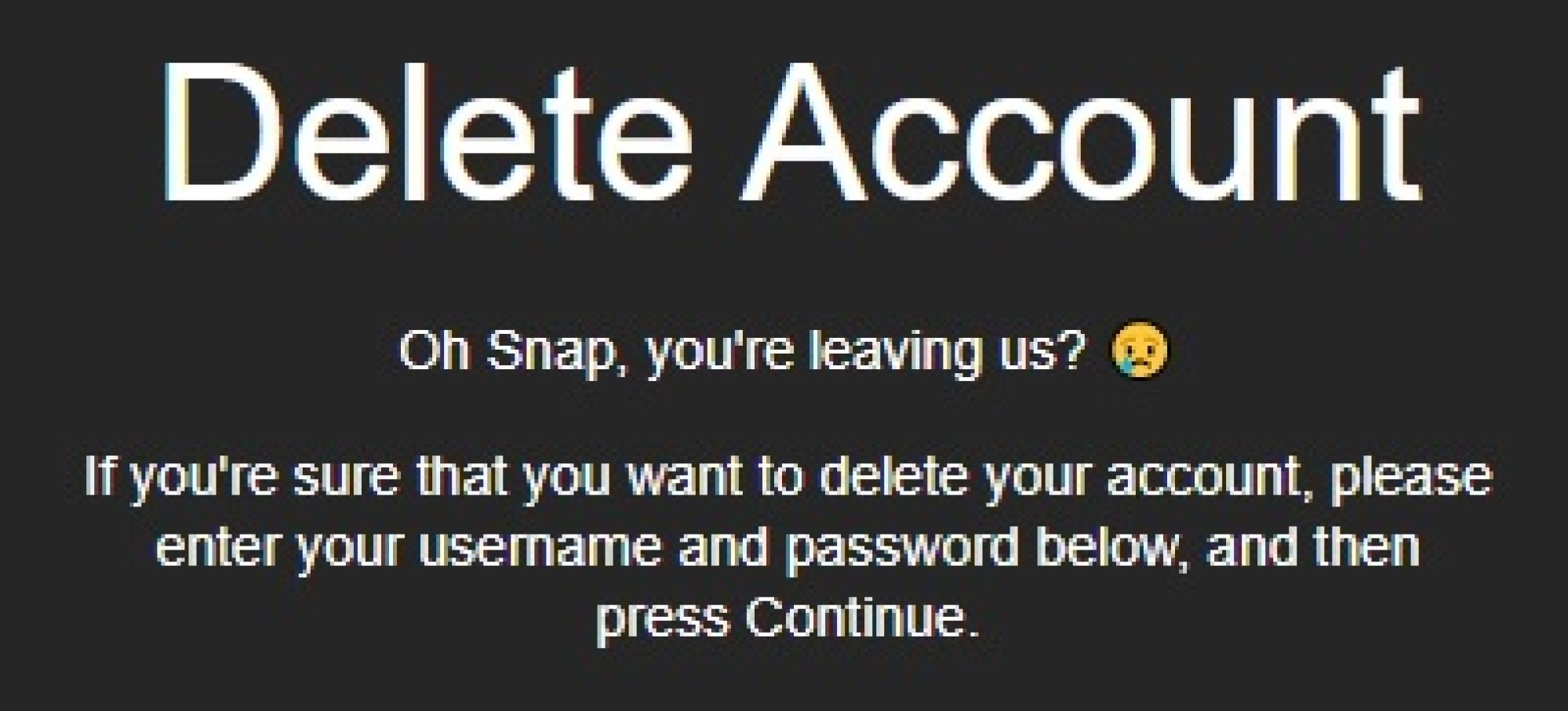 La page « Supprimer le compte » sur Snapchat. 