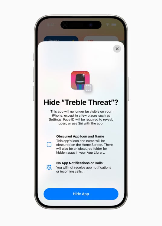 Une fenêtre d'application sur iOS 18 affichant l'option masquer une application appelée « Treble Threat » sur l'écran d'accueil de l'iPhone