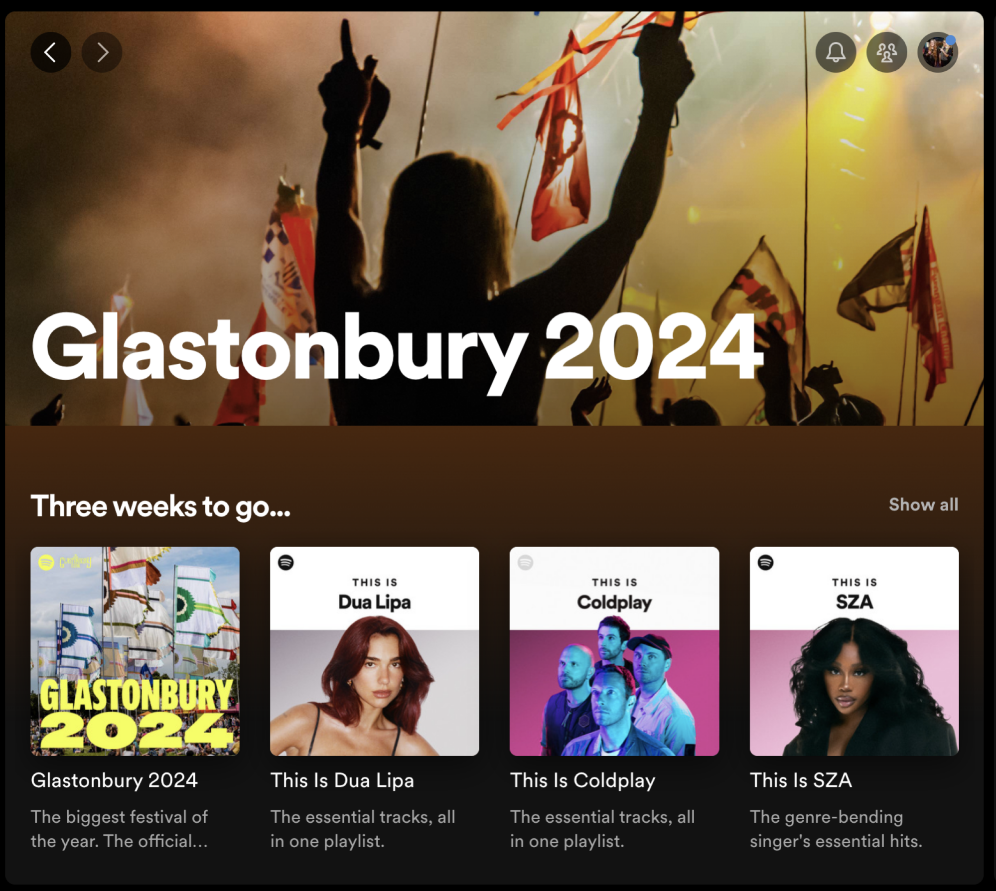 Une capture d'écran du hub Glastonbury 2024 de Spotify. 