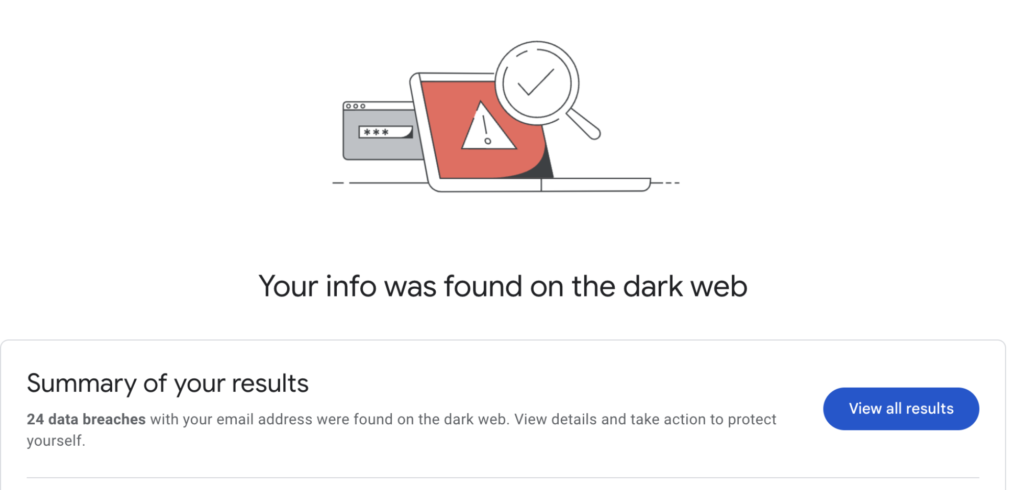 Une page indiquant « Vos informations ont été trouvées sur le dark web »