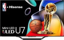 Téléviseur Hisense avec basket-ball et trophée sur un économiseur d'écran abstrait coloré