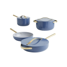 Batterie de cuisine antiadhésive en céramique bleu saphir de 7 pièces de Caraway Home avec quincaillerie dorée