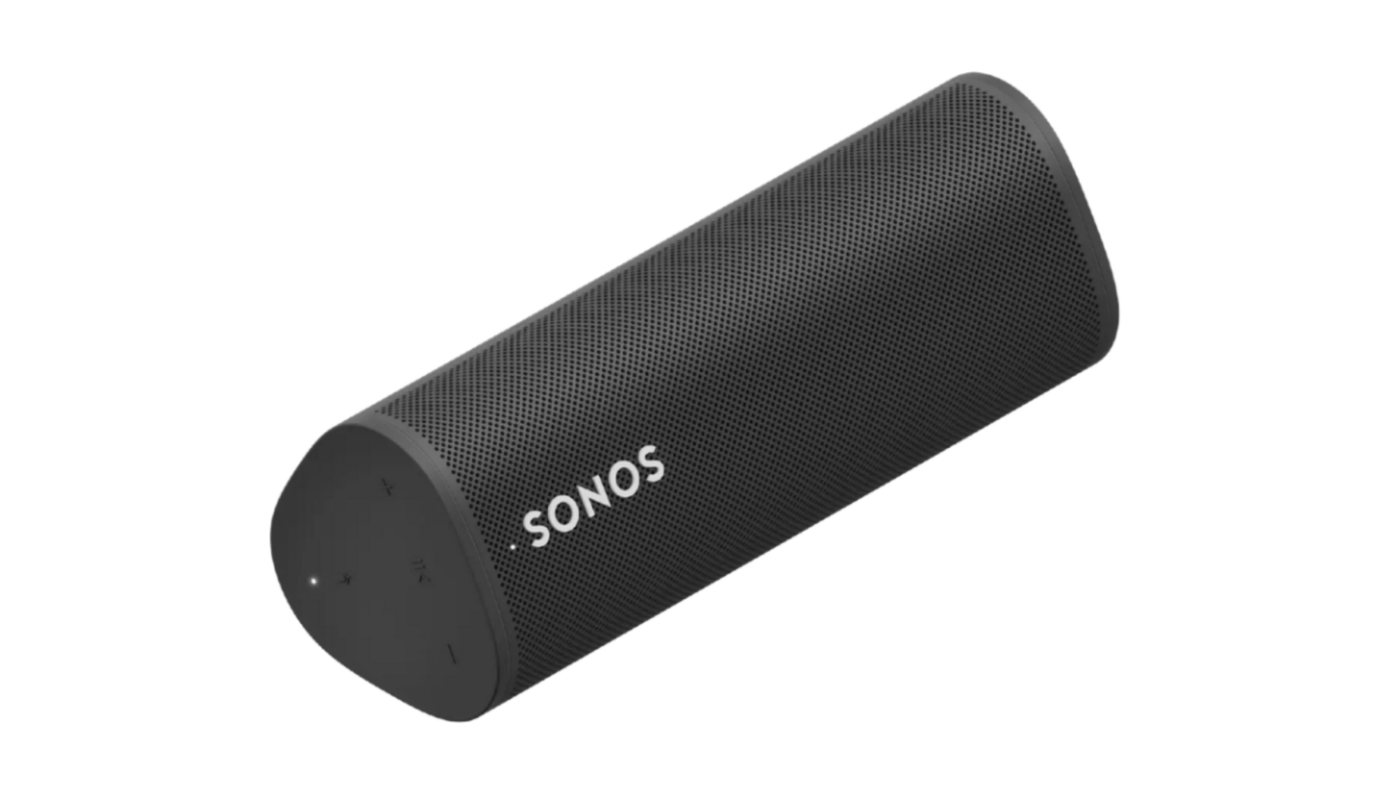 Le Sonos Roam. Une enceinte compacte noire, en forme de prisme triangulaire arrondi.