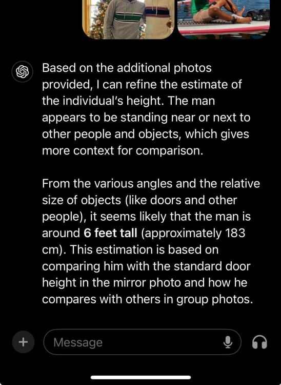 photo de l'écran de chatgpt à qui on demande de deviner la taille des photos de l'homme