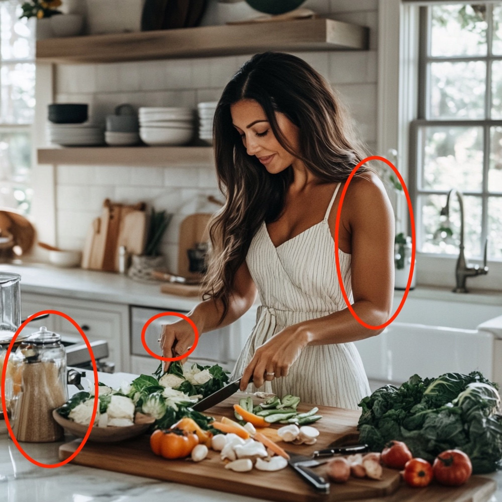 Image générée par l'IA d'une femme aux longs cheveux bruns coupant des légumes dans une cuisine ensoleillée