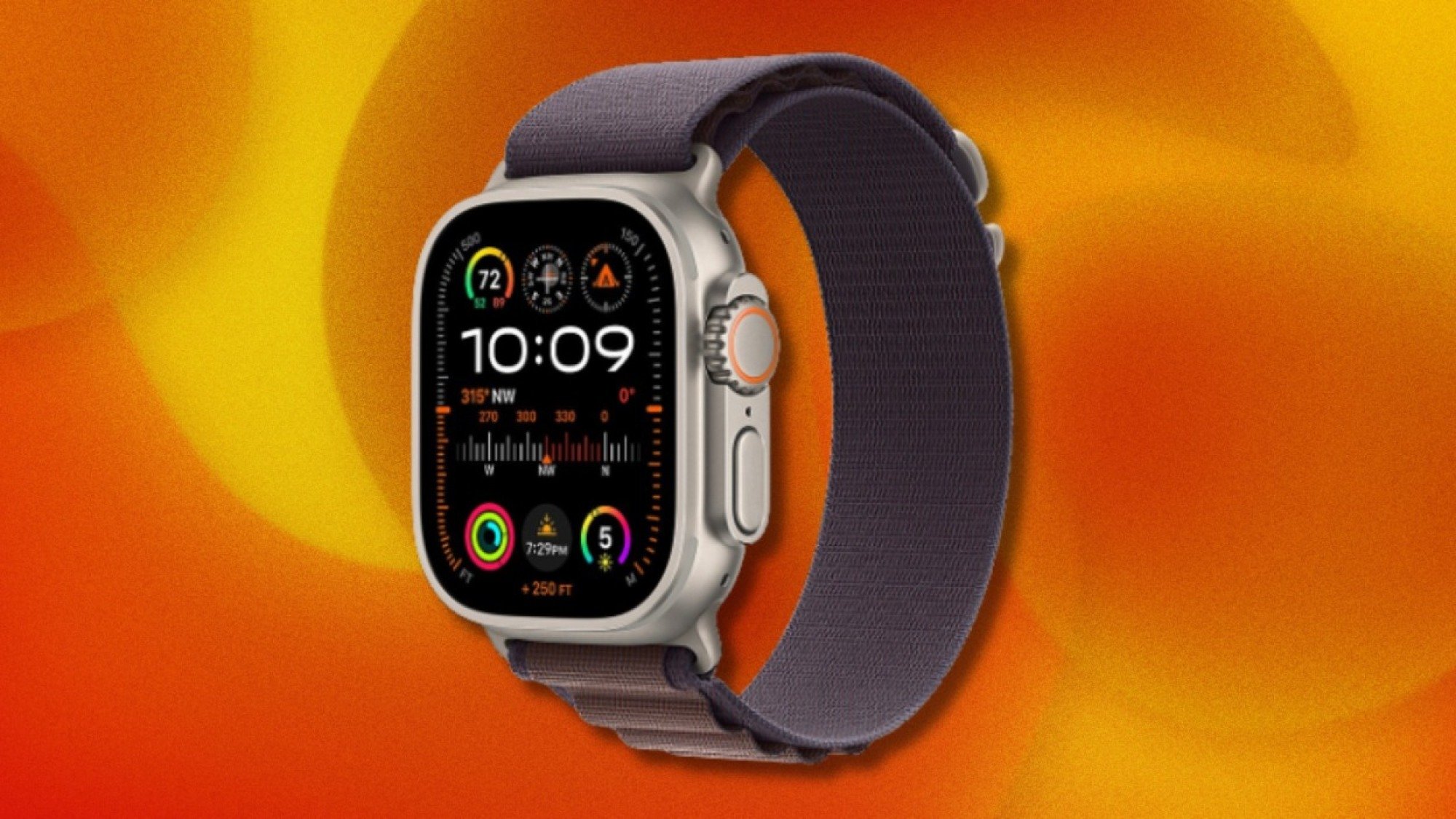 Modèle Apple Watch Ultra avec fond orange et jaune