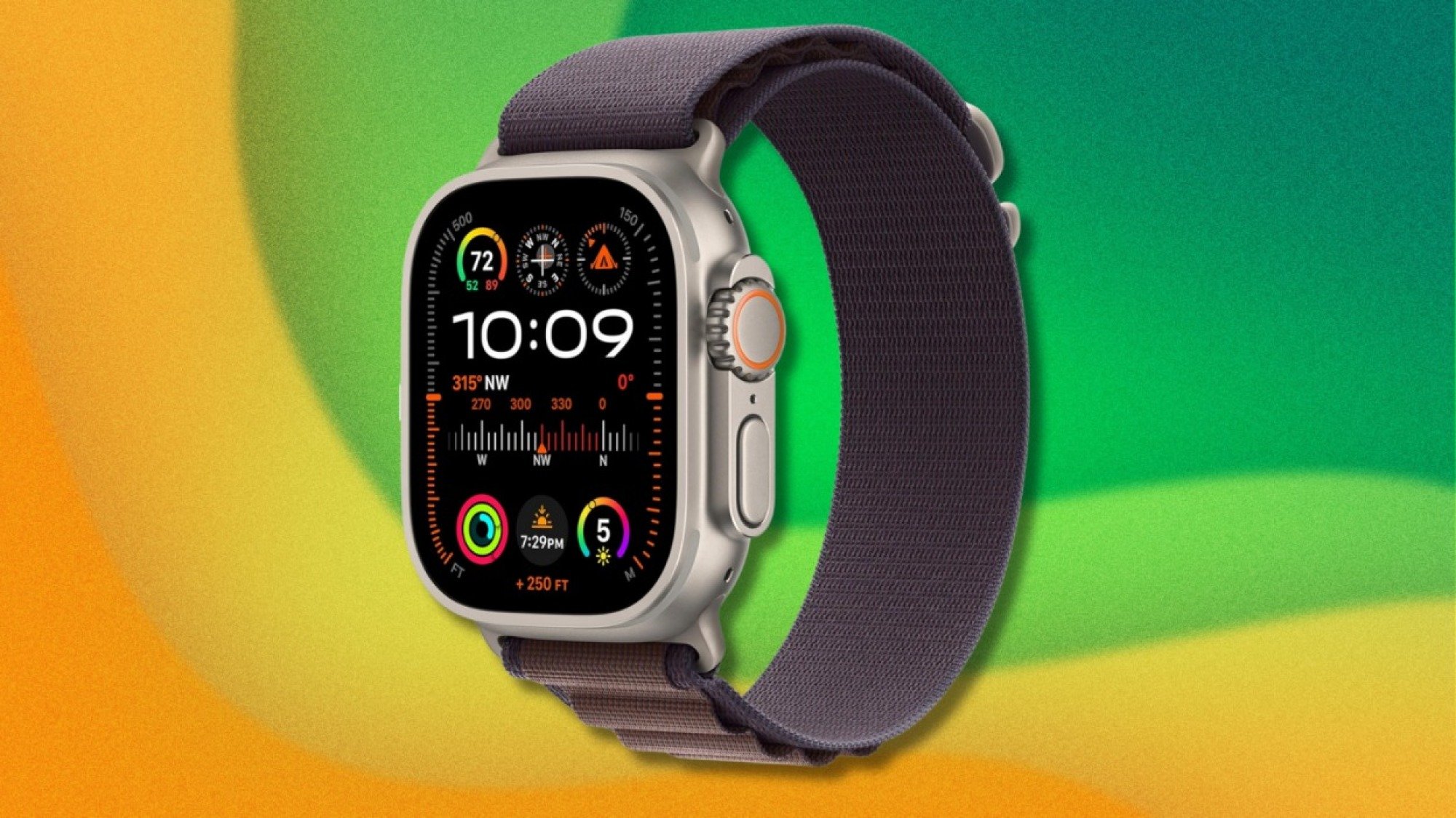 Modèle Apple Watch Ultra avec fond jaune, orange et vert