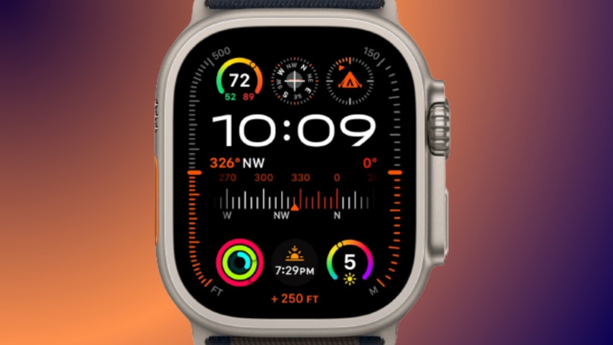 Modèle Apple Watch Ultra sur fond dégradé orange et violet