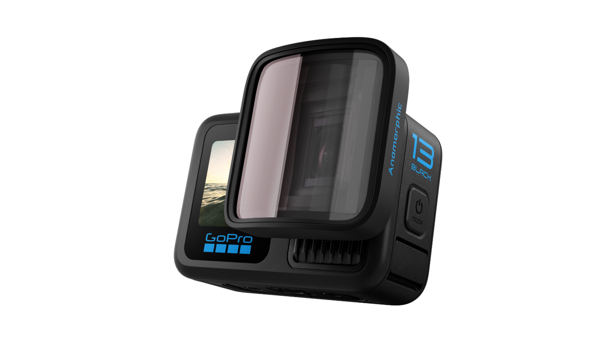 La GoPro HERO13 Black avec l'objectif anamorphique activé.