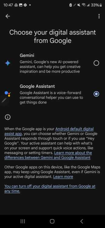 Page de sélection de Google Assistant et Gemini