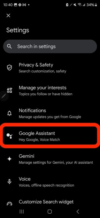 Option Google Assistant sélectionnée avec un rectangle rouge