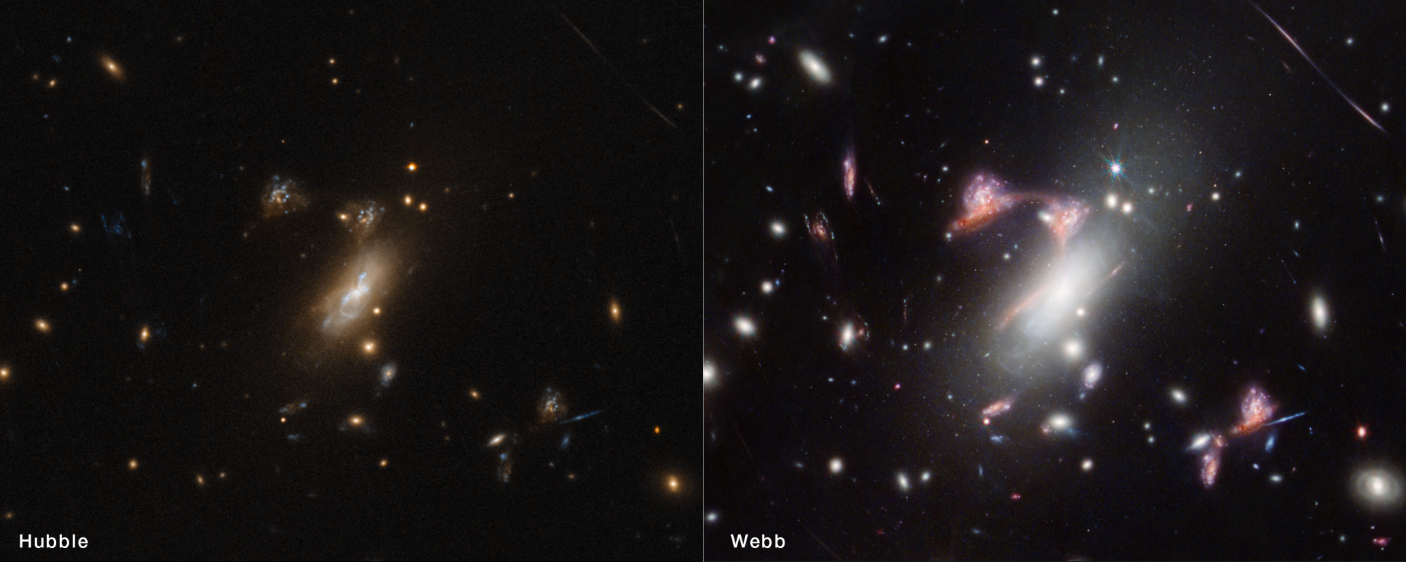 Comparaison des vues d'un amas de galaxies par Hubble et Webb