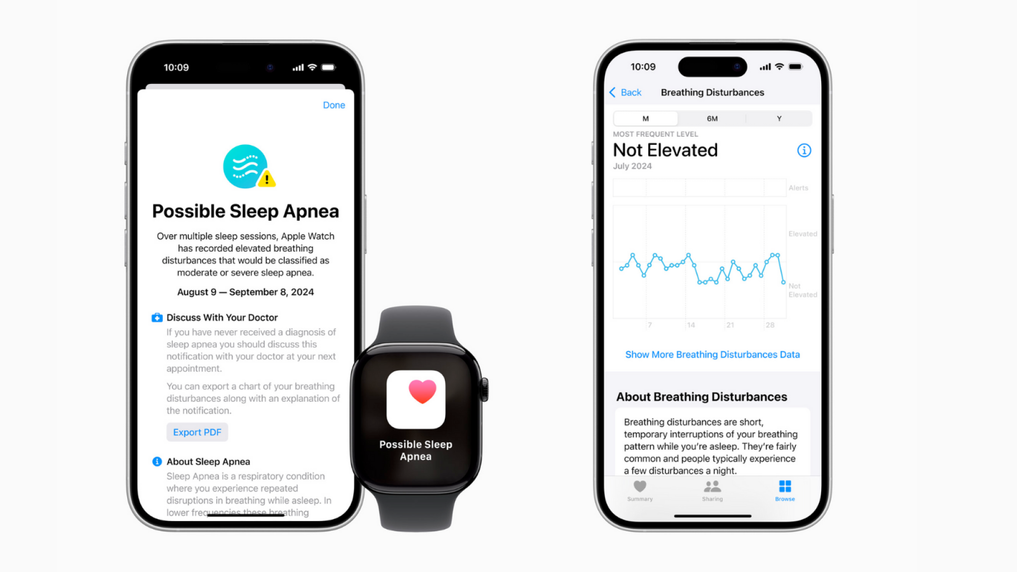 La nouvelle fonction de détection de l'apnée du sommeil de l'Apple Watch présentée sur deux iPhones.