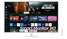 Moniteur Samsung avec applications de streaming à l'écran et télécommande à côté