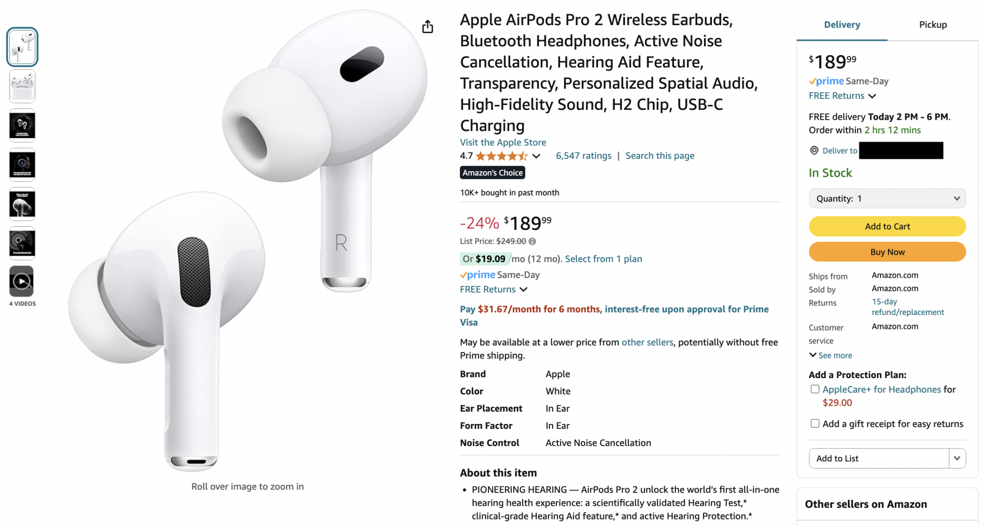 une capture d'écran d'une liste d'Apple Airpods Pro 2 sur Amazon