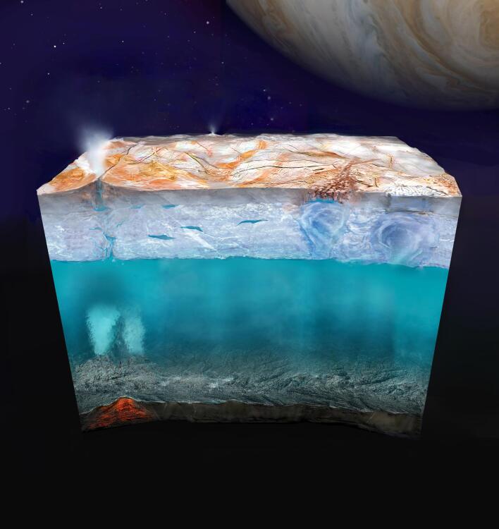 Une conception artistique de l'océan et des sources d'énergie géothermique qui pourraient exister sous l'épaisse croûte de glace d'Europe.