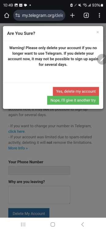 Cinquième étape pour supprimer un compte Telegram.