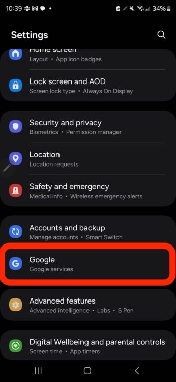 Sélection de l'application Paramètres pour les services Google