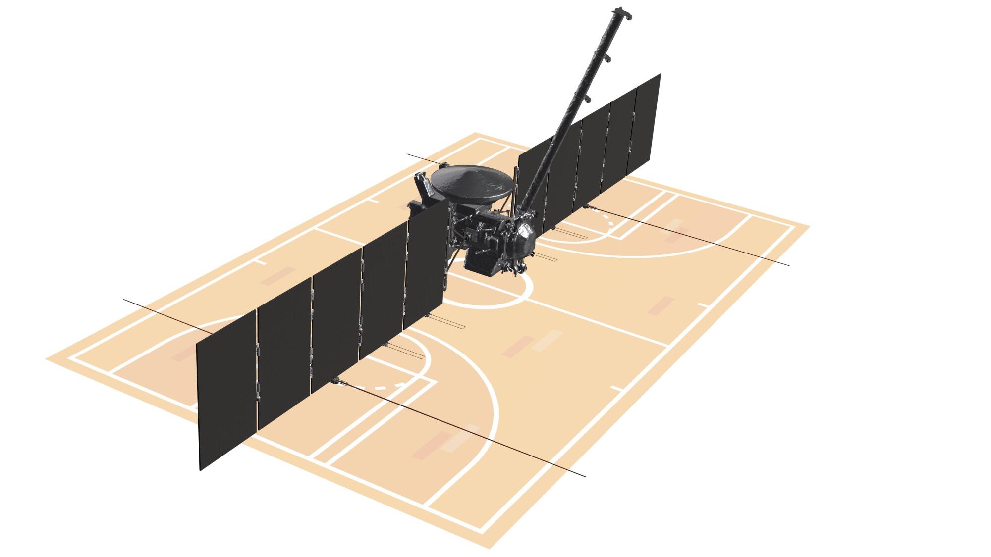 Un graphique comparant la taille du vaisseau spatial Europa Clipper à un terrain de basket.