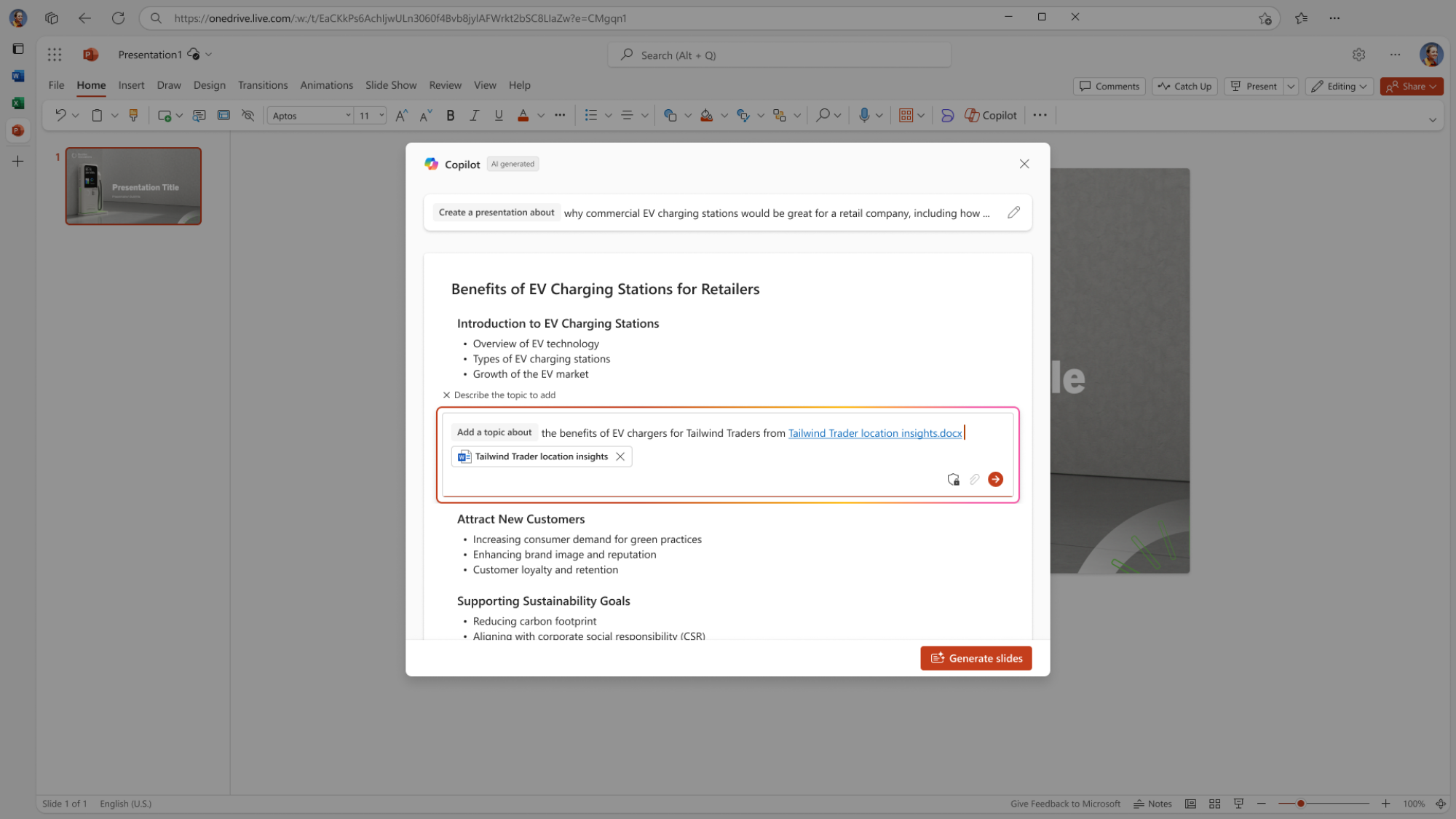 Copilote dans PowerPoint créant une présentation à partir d'un plan