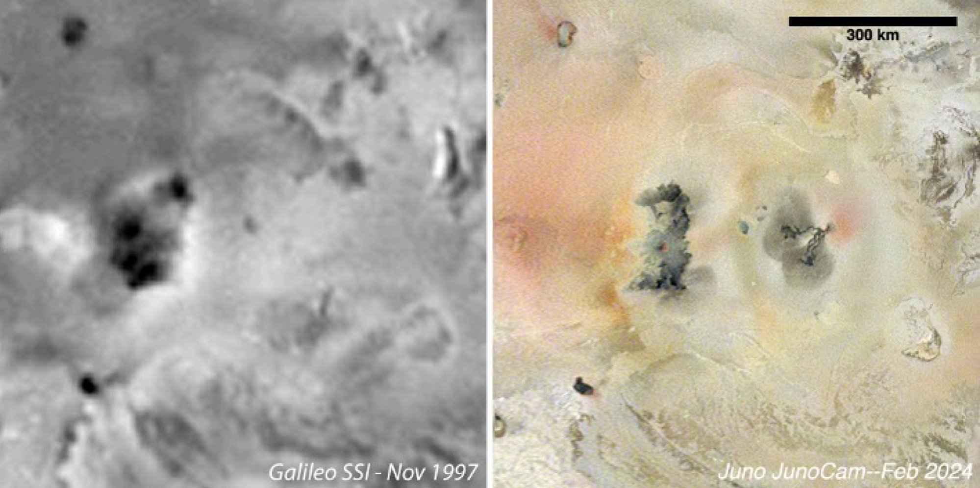 À gauche : images du vaisseau spatial Galileo de 1997. À droite : images du vaisseau spatial Juno de 2024. L'élément de droite est le nouveau volcan et les coulées de lave qui l'accompagnent.