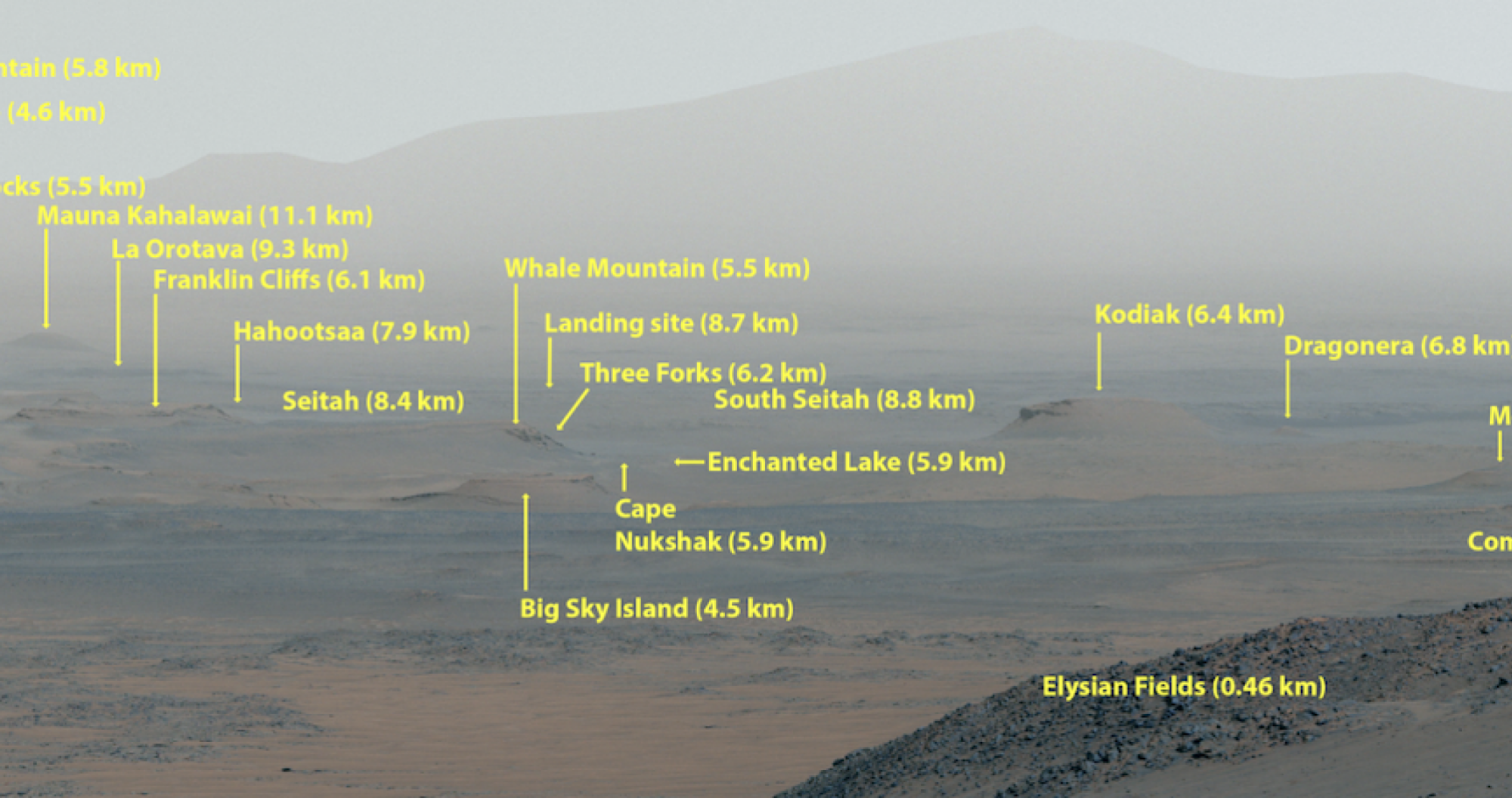 Au centre, l'emplacement du site d'atterrissage du rover Perseverance en 2021.