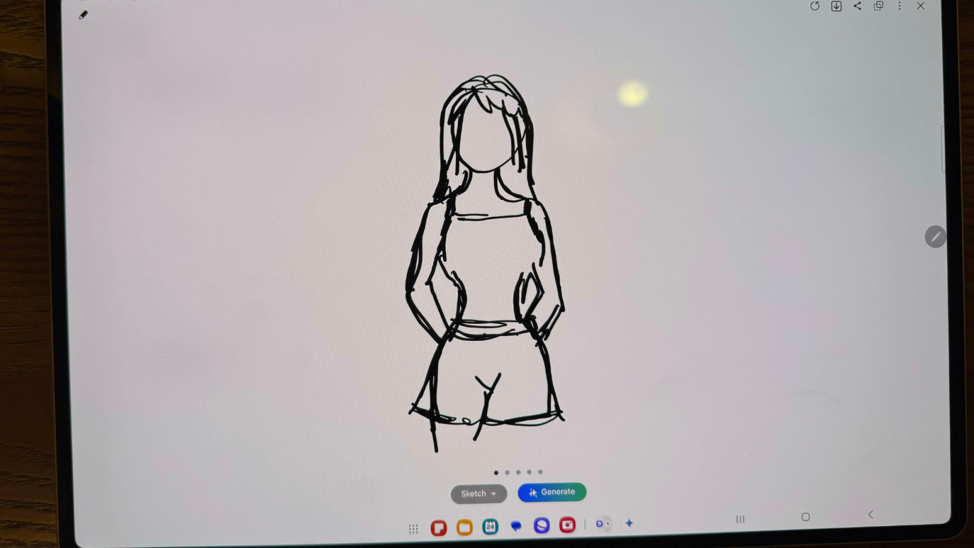 Une image sommaire d'une fille en débardeur et en short, dessinée sur une tablette Samsung.