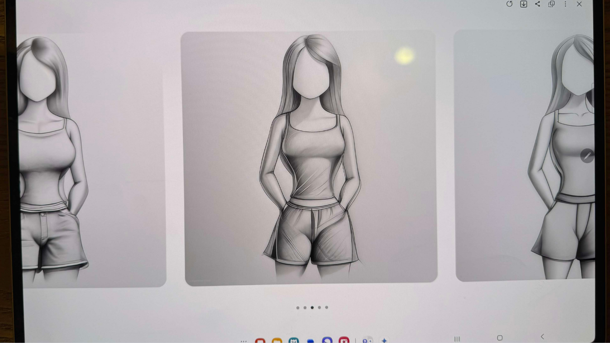 Trois photos d'une fille améliorées par l'outil Sketch to Image AI de Samsung. Elle porte un débardeur et un short et n'a pas de visage.