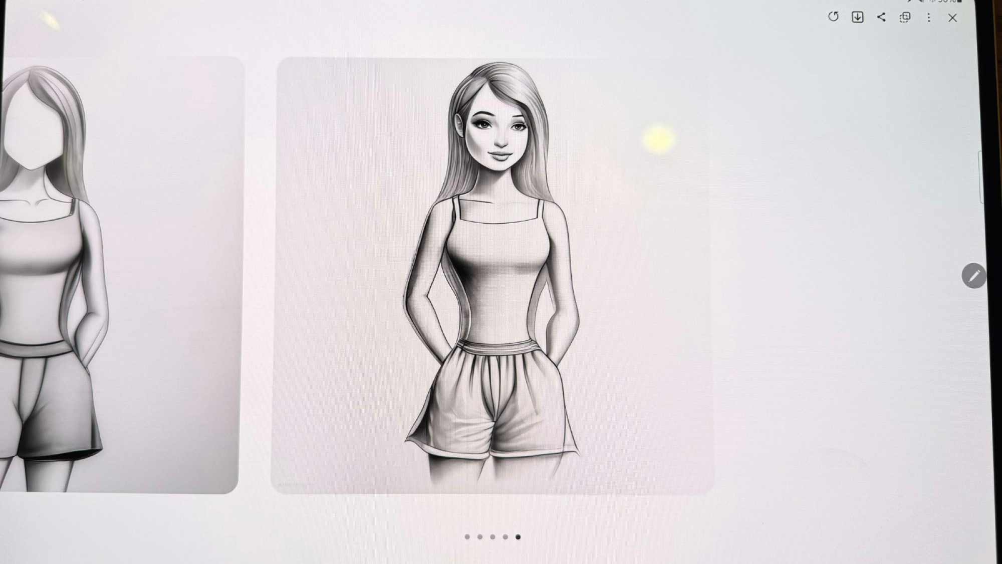 Une photo d'une fille améliorée par l'outil Sketch to Image AI de Samsung. Elle porte un débardeur et un short et est entièrement maquillée.