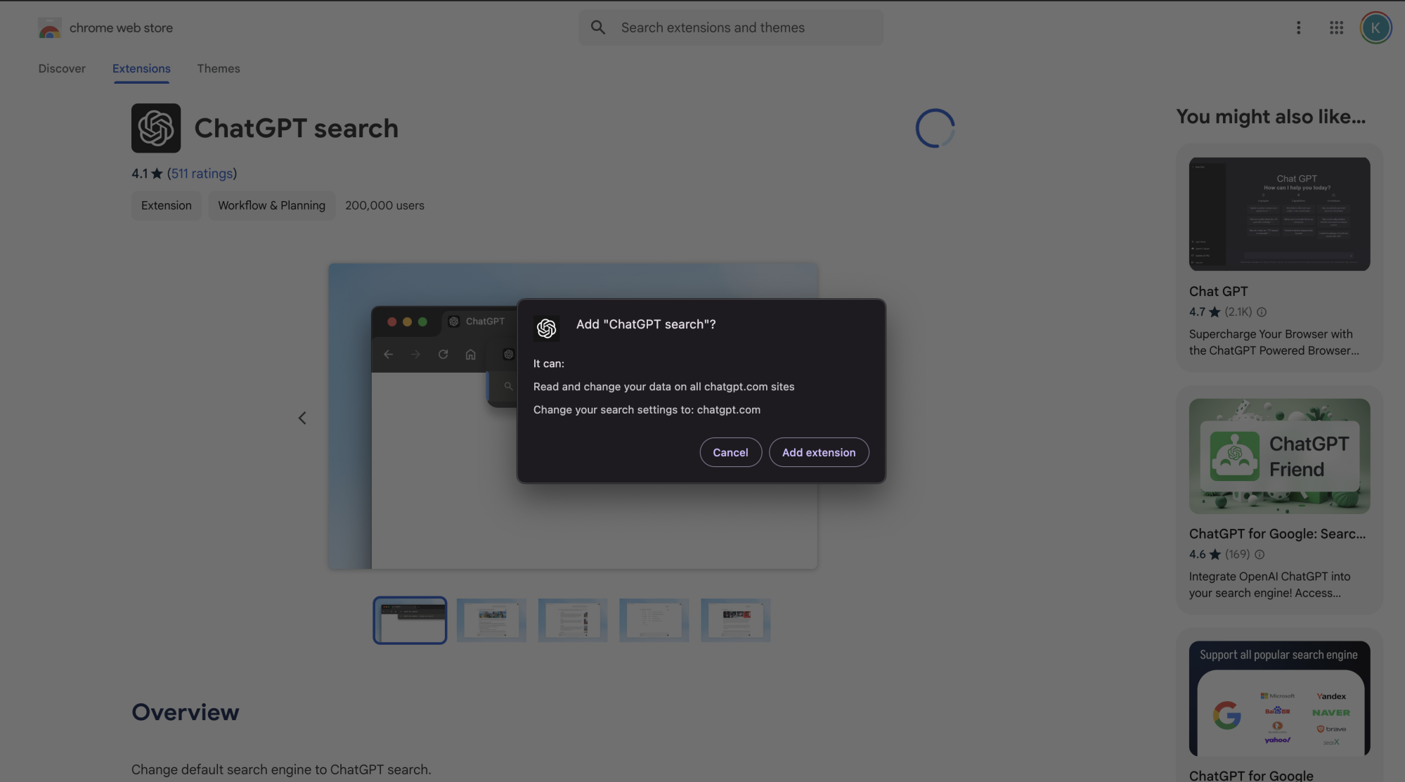 Capture d'écran de la page Chrome Web Store de ChatGPT Search