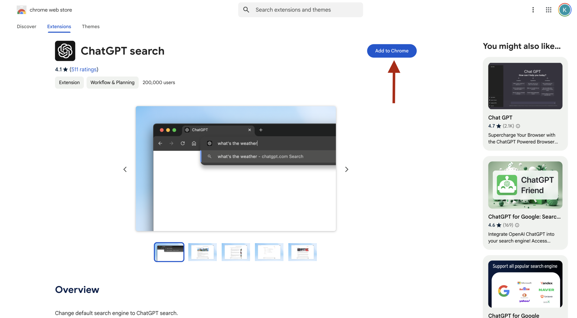 Capture d'écran de la page Chrome Web Store de ChatGPT Search