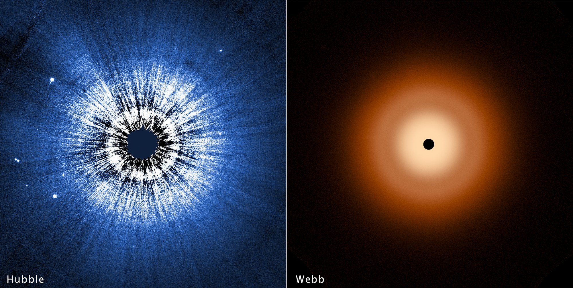 Une comparaison côte à côte de l'image capturée par Hubble, à gauche, et de l'image capturée par Webb, à droite