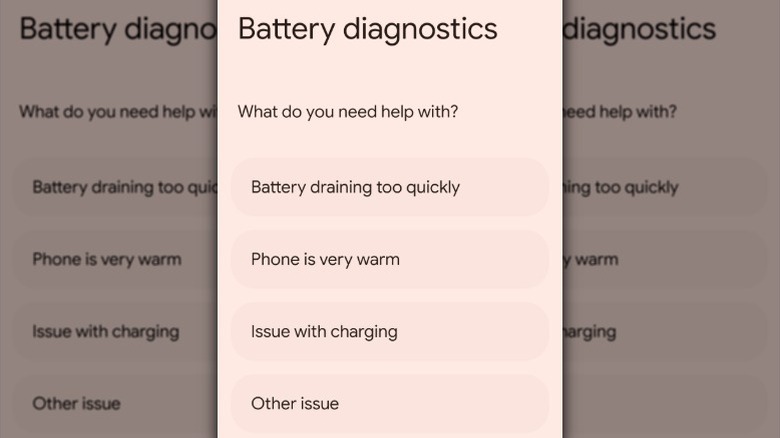 Écran de diagnostic de la batterie de l'application de dépannage Google Pixel