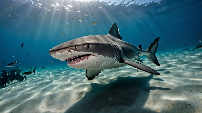 Un grand requin blanc nage le long du fond de l'océan avec le soleil rayonnant à travers la surface de l'eau.