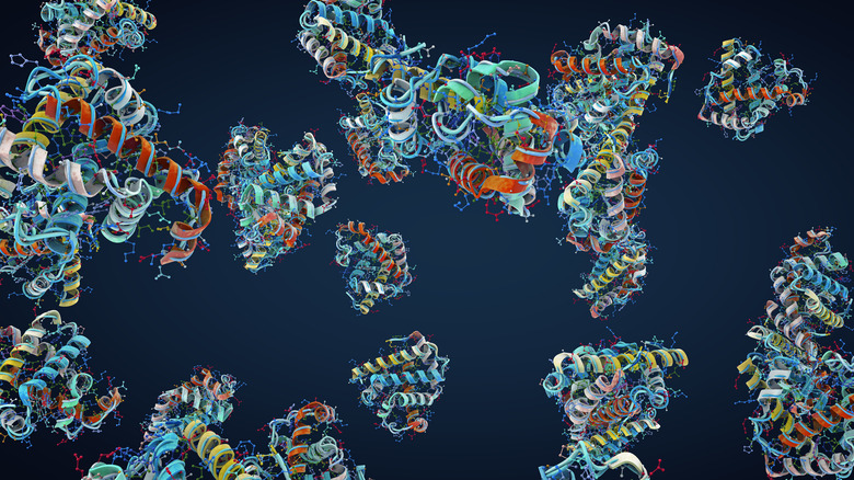 Illustration de molécules de protéines sur fond bleu foncé