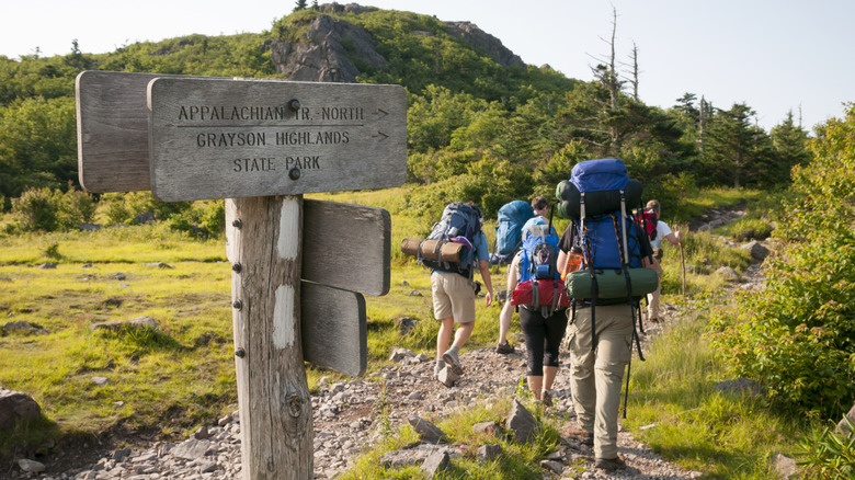 Des amis parcourent le sentier du parc national de Grayson Highlands