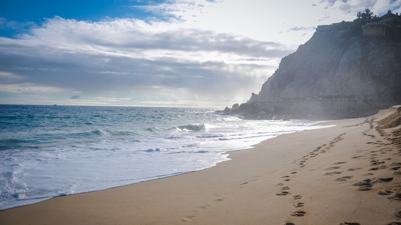 Empreintes de pas sur le sable de Playa Solmar à Cabo San Lucas, Mexique