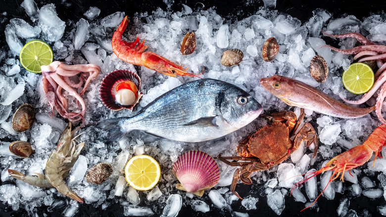 Variété de fruits de mer frais sur glace